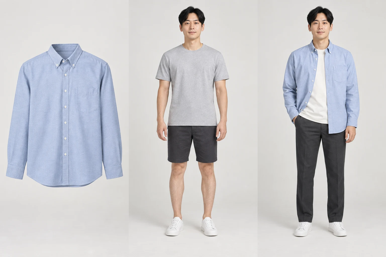 Oxford shirt, model in basics, and the same model styled in that exact garment